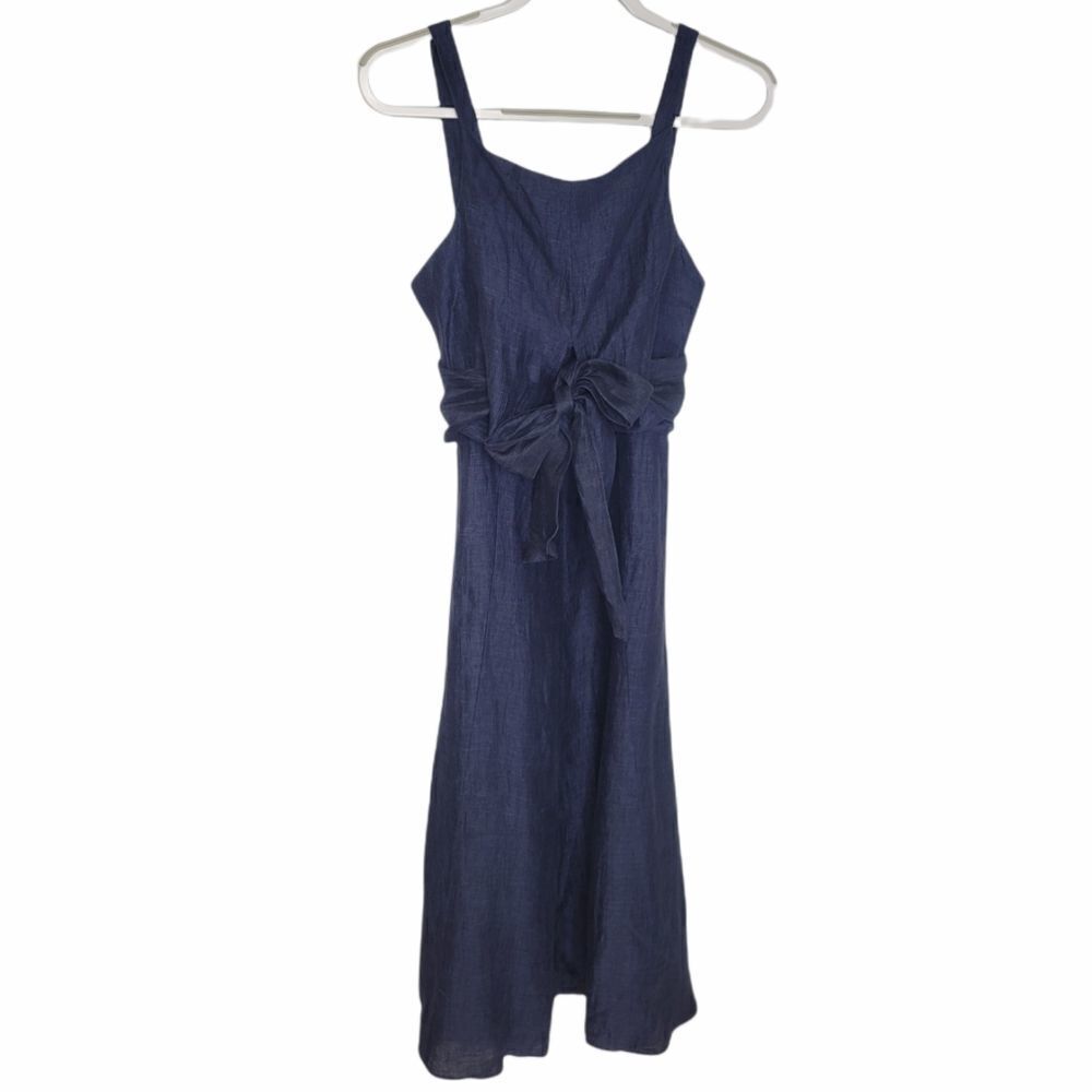 MASSCOB linen navy dress blue square neck tie waist‎ midi S